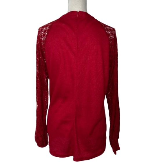 Miholl Waffle Knit Burgandy red Top With Lace Long Dolman Puff Sleeves Size L - Picture 5 of 7
